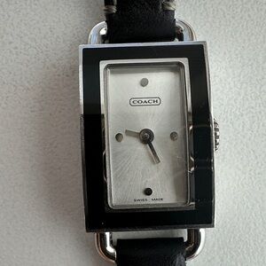 Coach Silver Rectangular Watch with Black Leather Strap